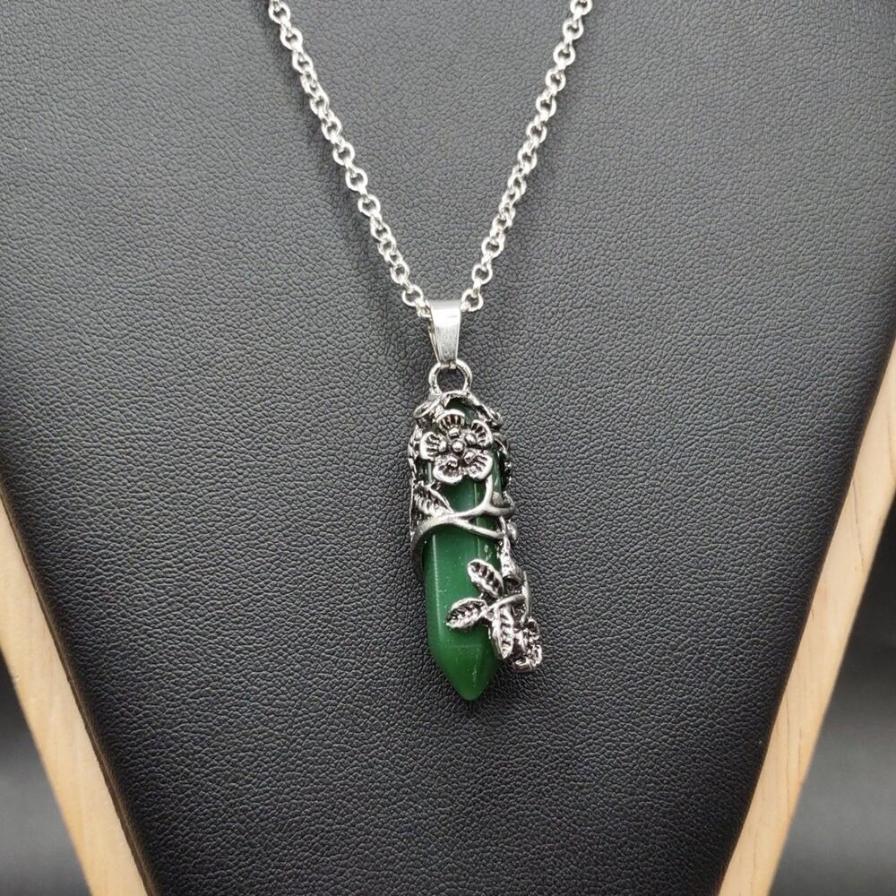925 Silver Necklace W/ Green Jade Crytsal Boho Floral Vine Women's Fashion Gift